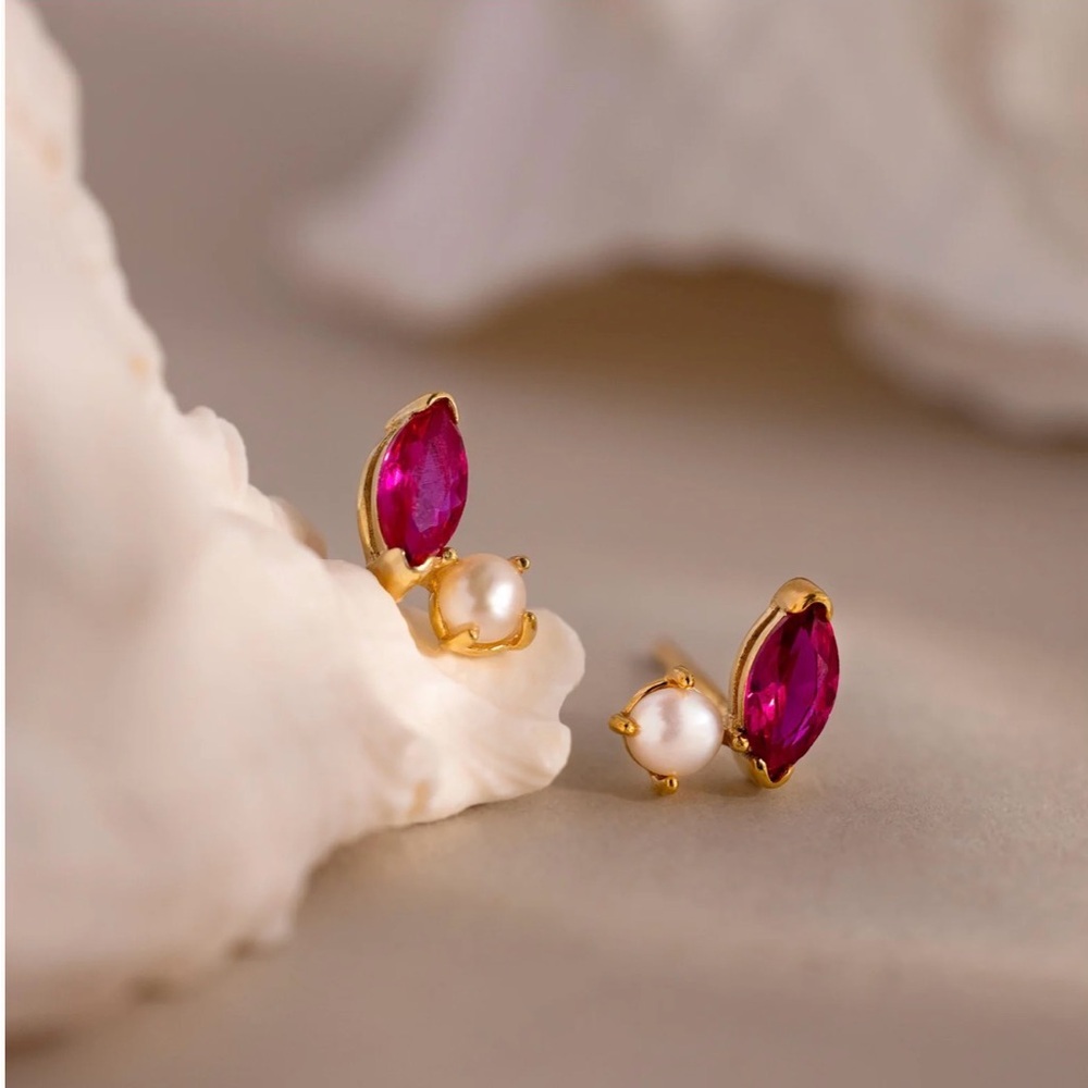 Caitlyn minimalist red marquise & pearl stud earrings.